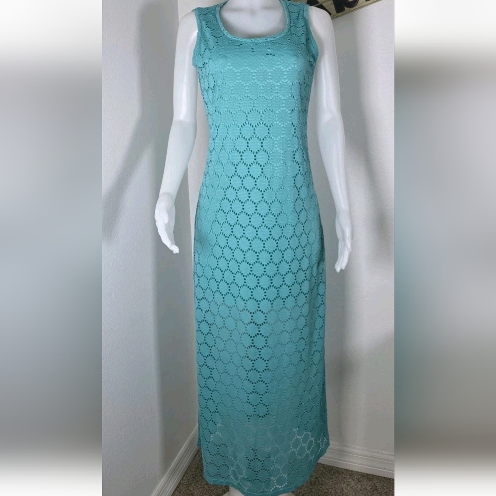 Melissa Paige Teal Blue Sleeveless Crochet Maxi Dress Textured Floral Pattern S